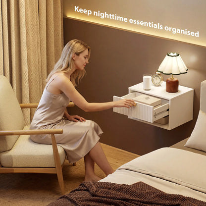 Set of 2 Floating Nightstands, Wall Mounted with Fluted Drawer and Shelf, White Bedside Tables at Gallery Canada