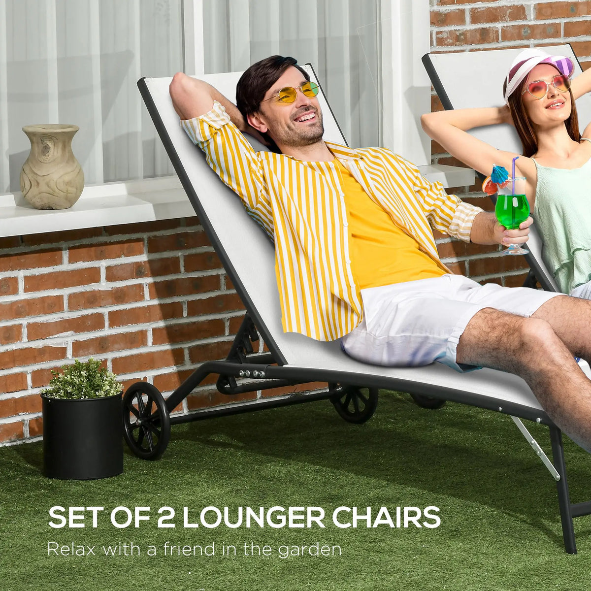 2PCs Lounge Chairs with Wheels, 5-Level Adjustable Backrest, White Lounger Chairs at Gallery Canada