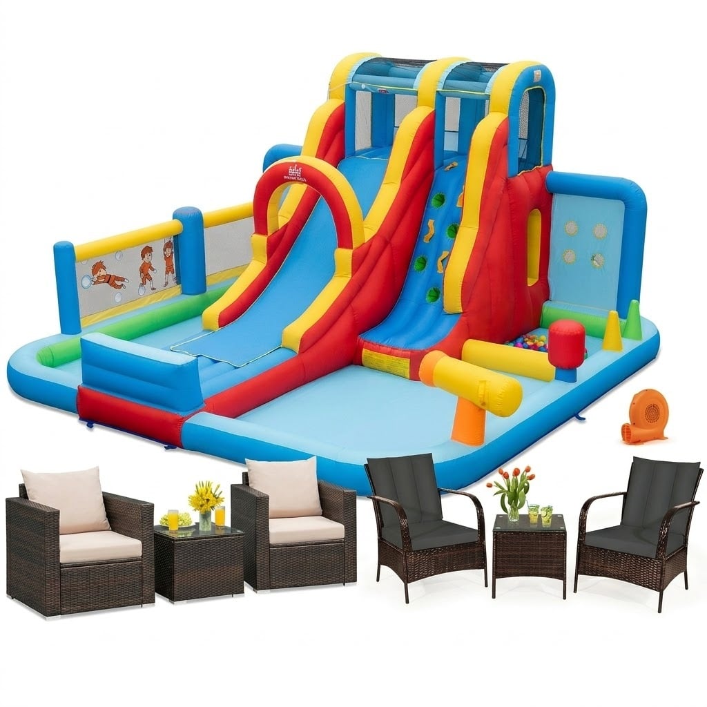 Ultimate Backyard Summer Oasis Set: 6-Pc Patio Rattan Furniture Inflatable Water Slide Park with 680W Blower Outdoor & Patio Furniture at Gallery Canada