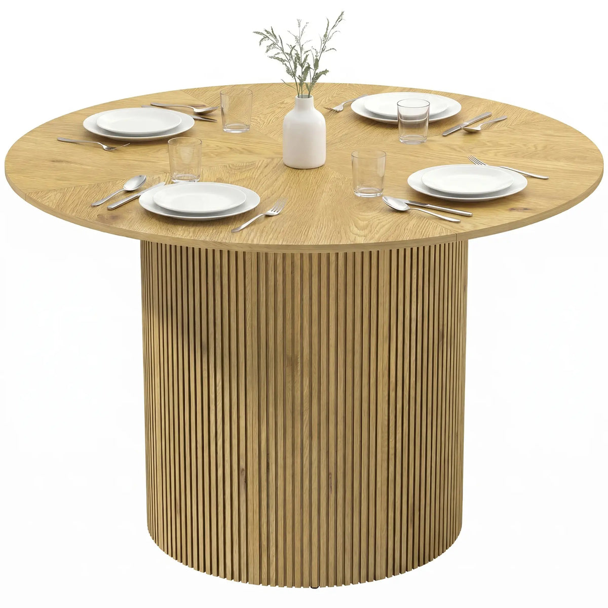 43.3 Inch Round Dining Table For 4-6, Fluted Pedestal, Oak Dining Tables Oak at Gallery Canada
