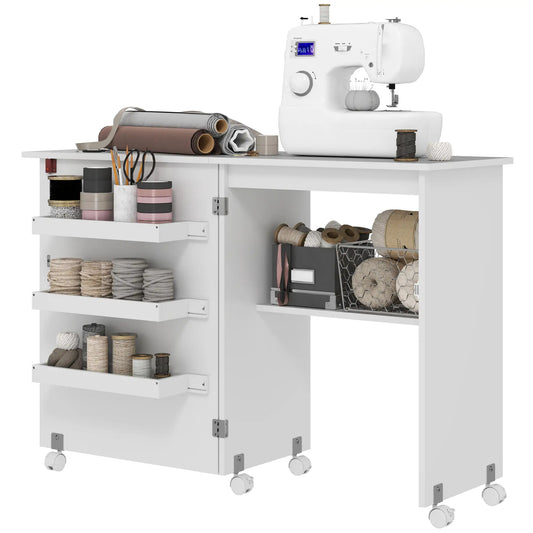 Folding Sewing Table with Storage, Lockable Wheels, White Storage Cabinets White at Gallery Canada