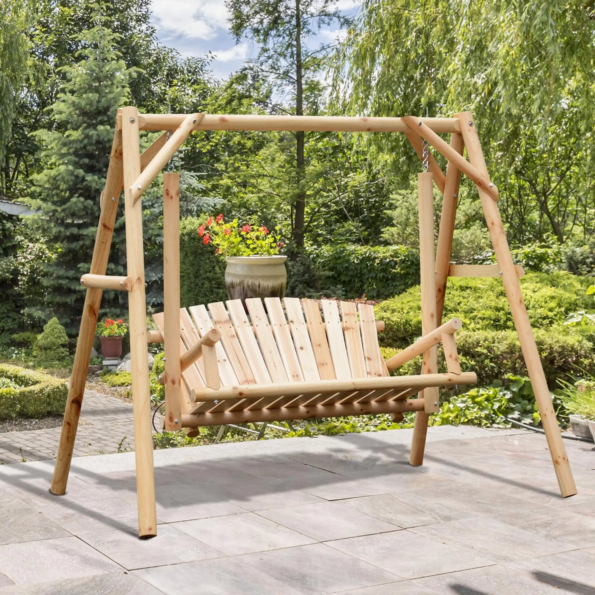 Freestanding 6.5' Wooden Loveseat Swing, Natural Patio Swings with Stand at Gallery Canada