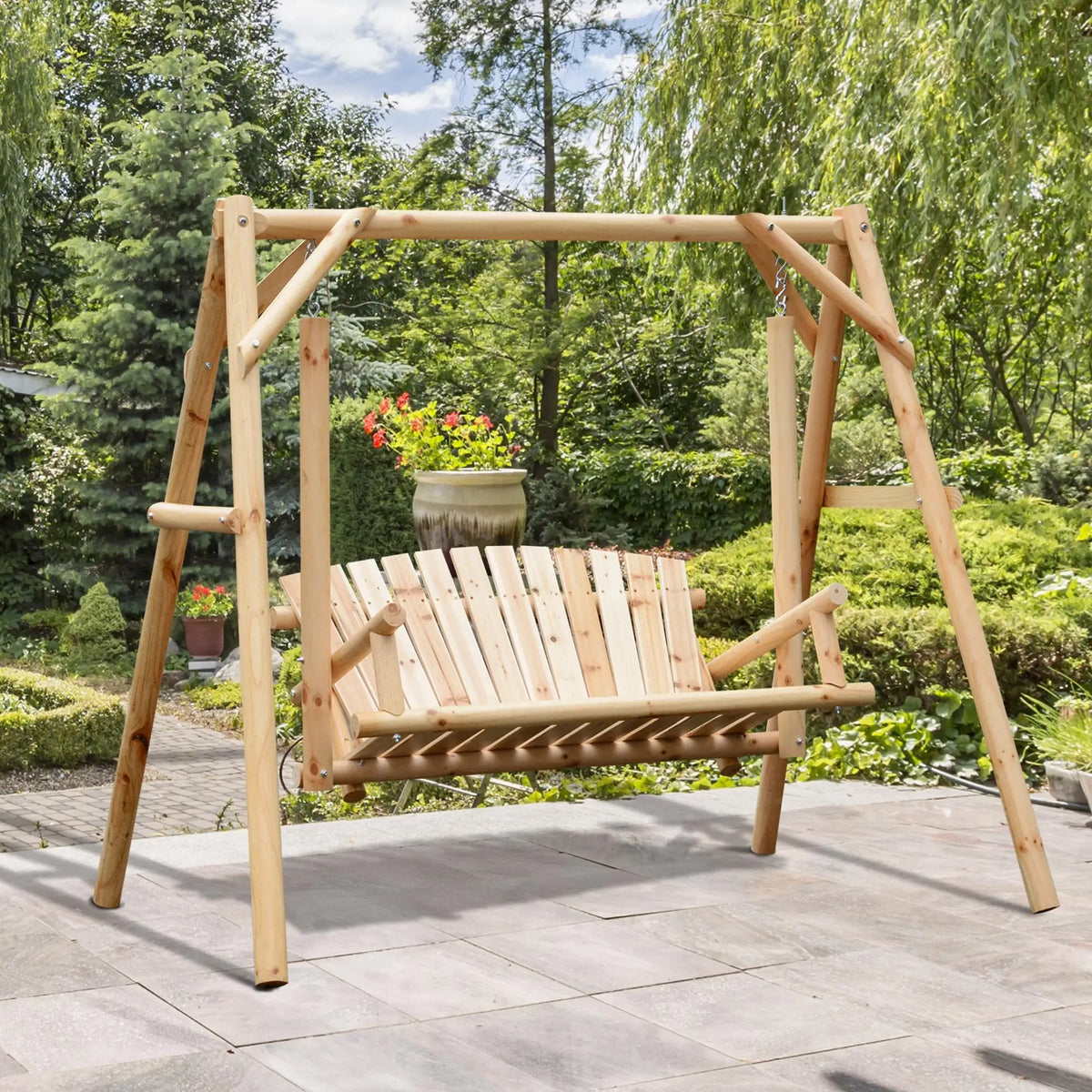 Freestanding 6.5' Wooden Loveseat Swing, Natural Patio Swings with Stand at Gallery Canada