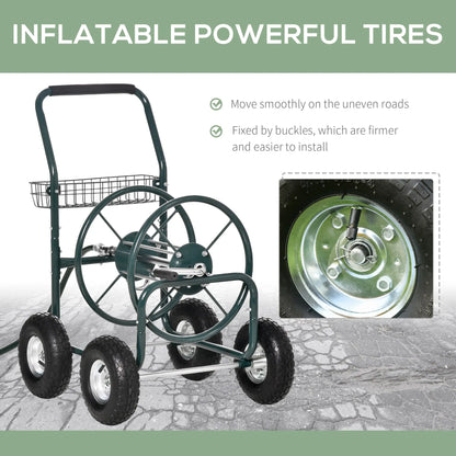 Portable Garden Hose Reel Cart With 4 Wheels, Storage Basket, Farm