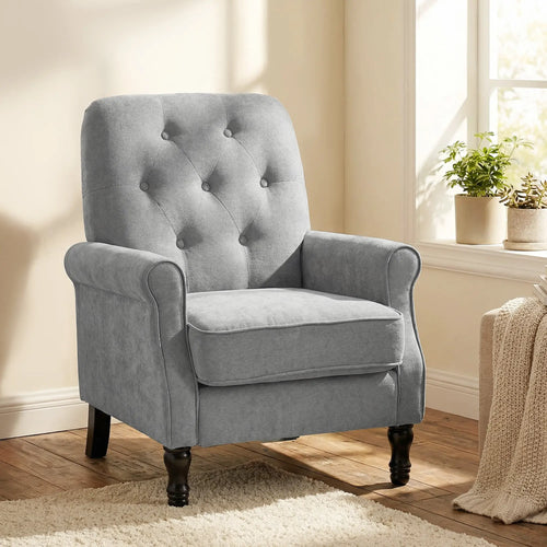 Mid-Century Modern Armchair, Thick Padded Seat, Spring Cushion, Solid Wood Legs, Grey