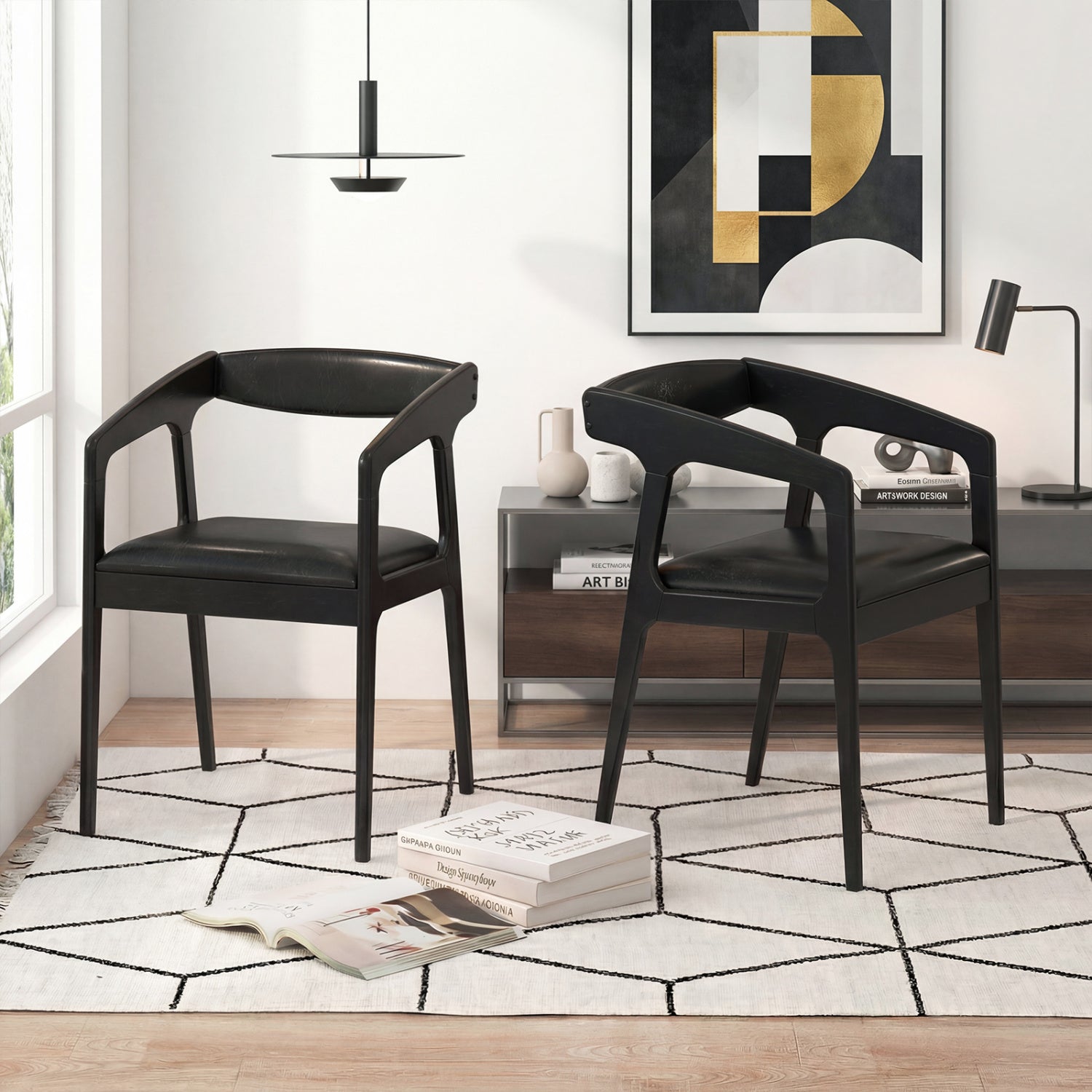 Set of 2 Upholstered Armchairs, Cozy Backrest, Black Dining Chairs at Gallery Canada