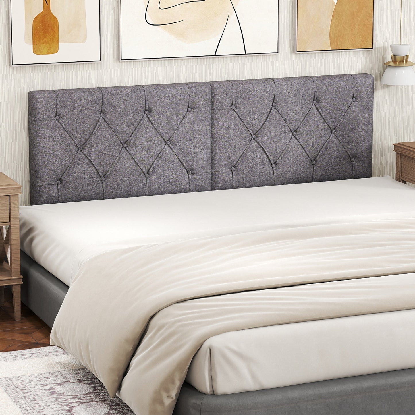 Upholstered Headboard for Twin Size Bed with Fabric Upholstery, Gray Bedding at Gallery Canada