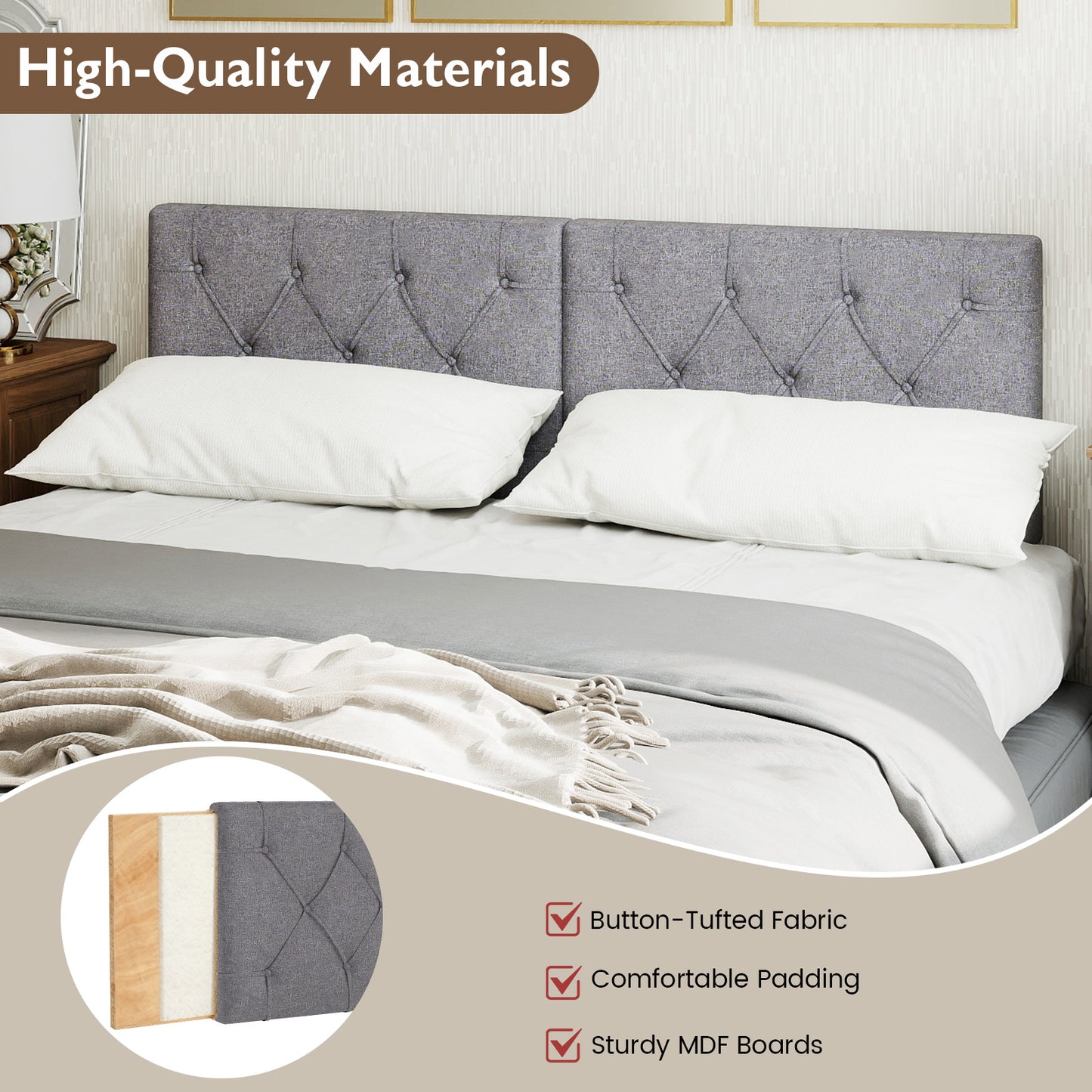 Upholstered Headboard for Twin Size Bed with Fabric Upholstery, Gray Bedding at Gallery Canada