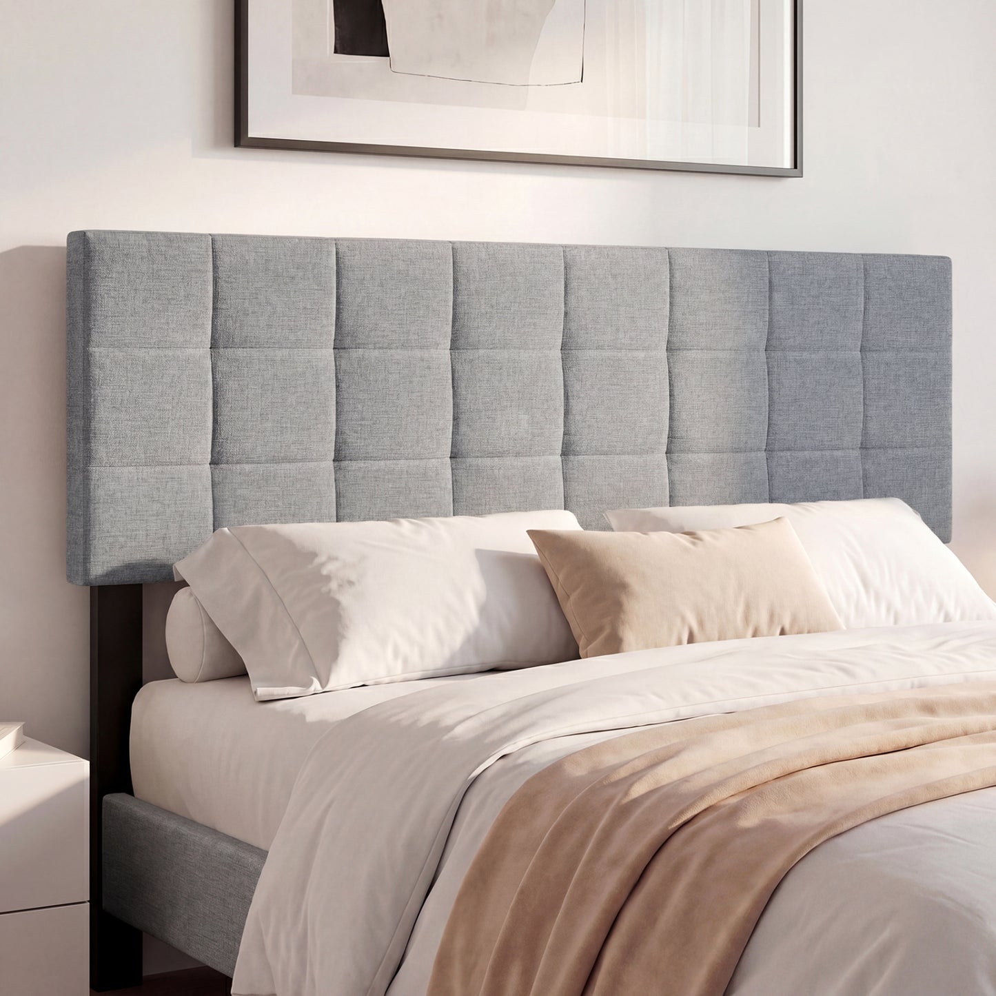 Upholstered Headboard, Queen/Full, Quilted Grid Linen, Gray Headboards at Gallery Canada