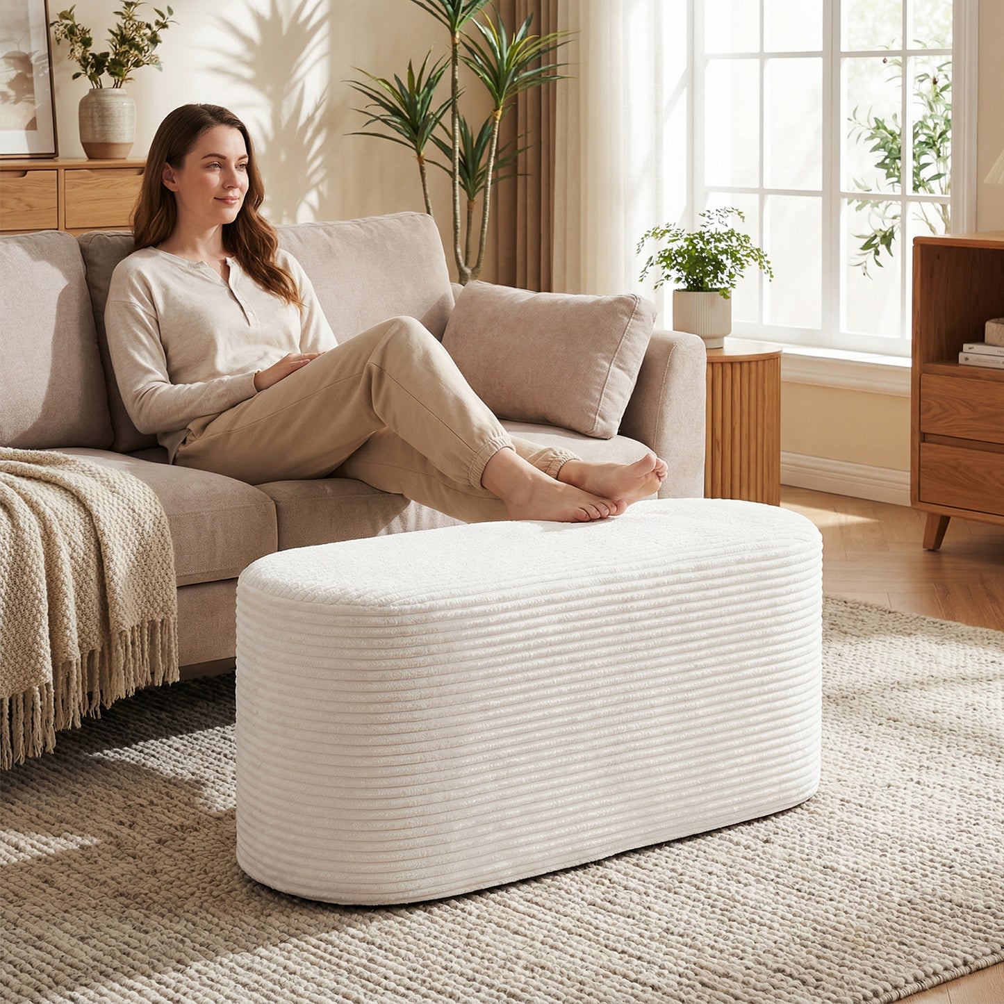 Upholstered Ottoman Bench with High-Density Sponge, Beige Ottomans at Gallery Canada