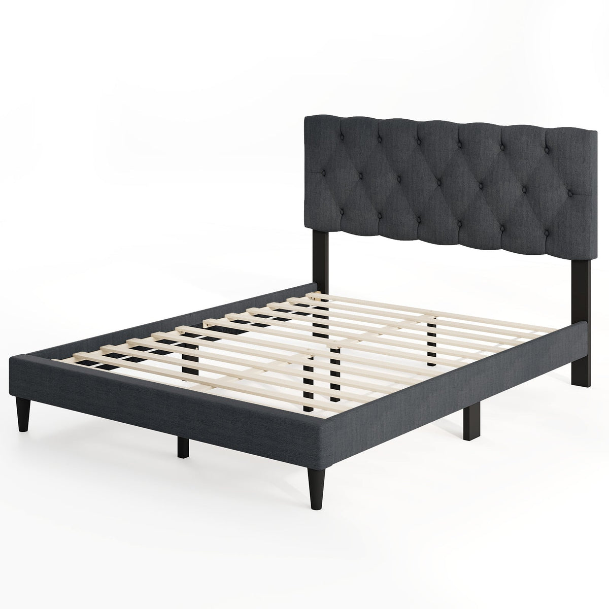 Upholstered Platform Bed, Tufted Headboard, Wooden Slats, Full Size, Gray Simple Bed Frame at Gallery Canada