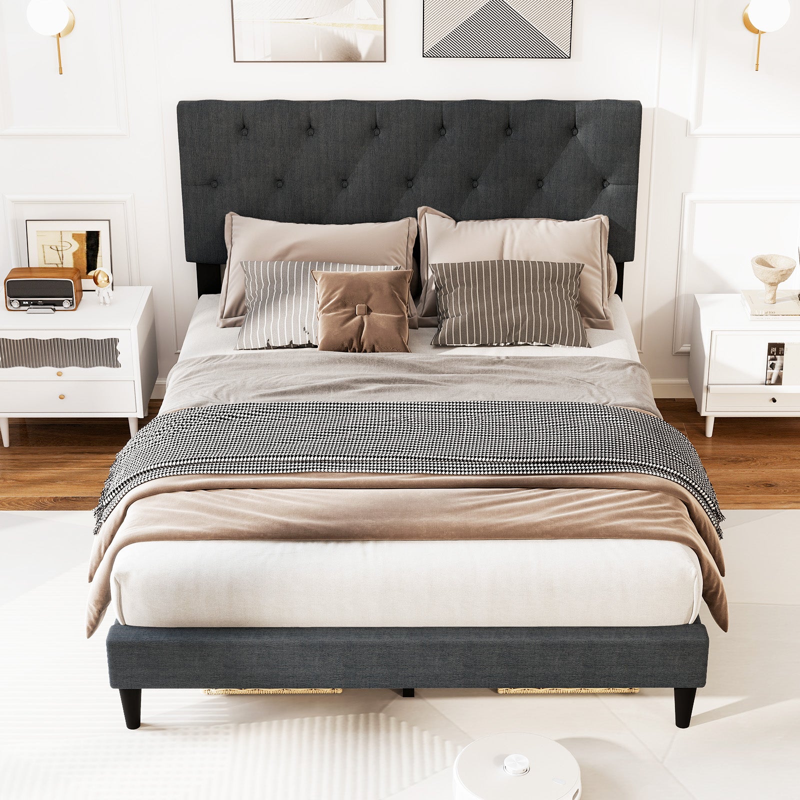 Upholstered Platform Bed, Tufted Headboard, Wooden Slats, Full Size, Gray Simple Bed Frame at Gallery Canada