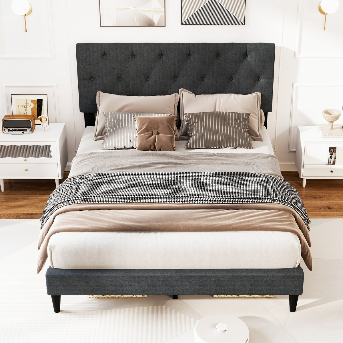Upholstered Platform Bed, Tufted Headboard, Wooden Slats, Full Size, Gray Simple Bed Frame at Gallery Canada
