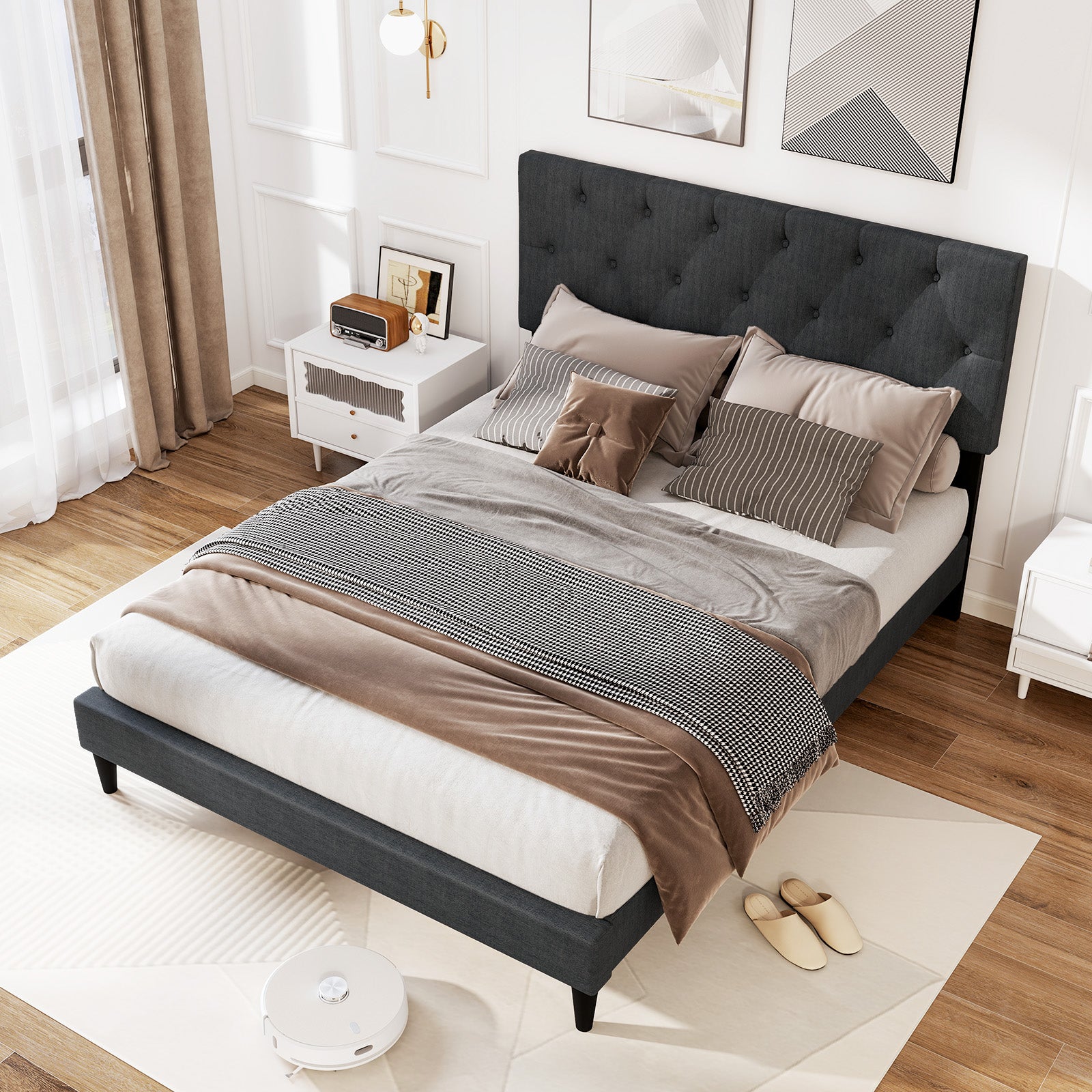 Upholstered Platform Bed, Tufted Headboard, Wooden Slats, Full Size, Gray Simple Bed Frame at Gallery Canada