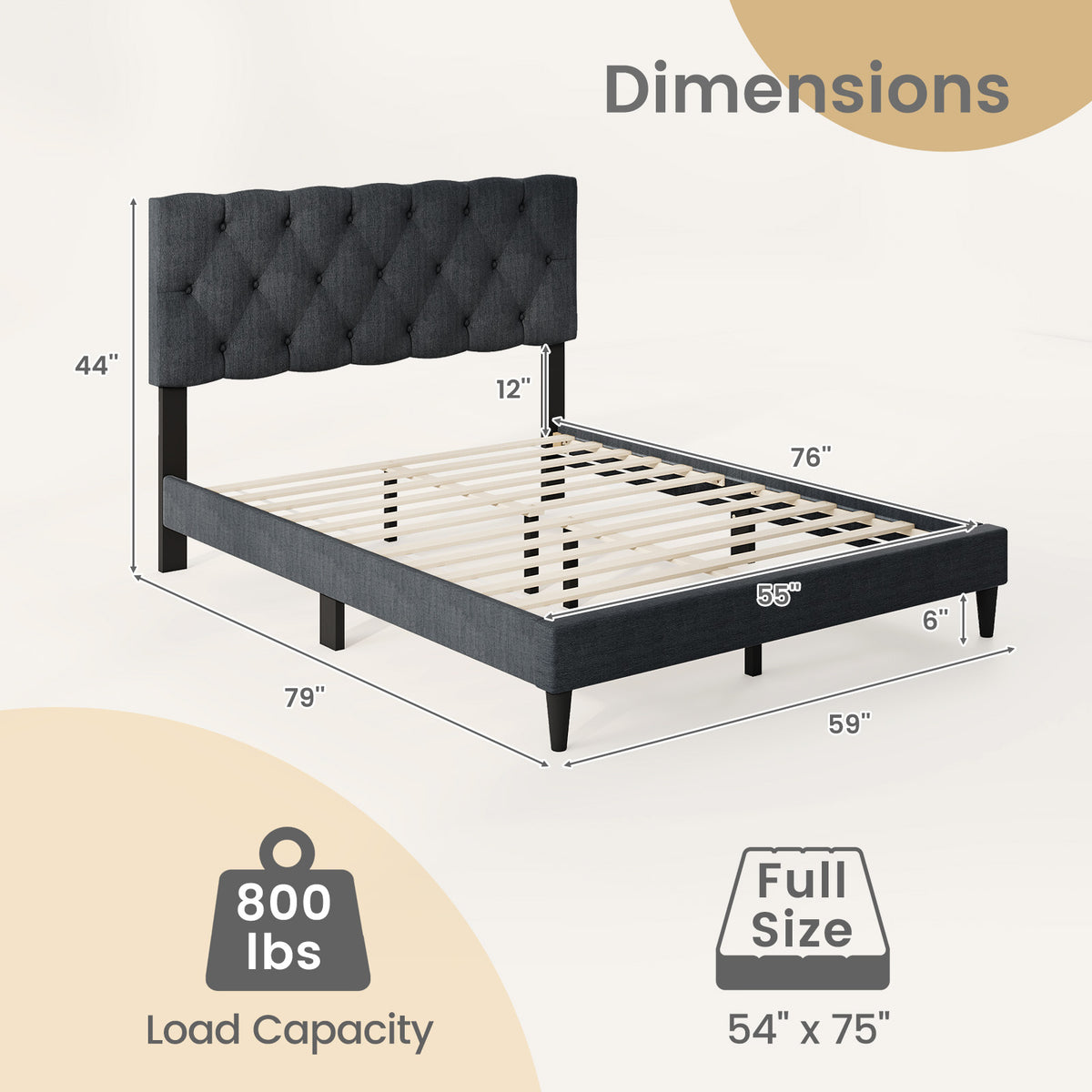 Upholstered Platform Bed, Tufted Headboard, Wooden Slats, Full Size, Gray Simple Bed Frame at Gallery Canada