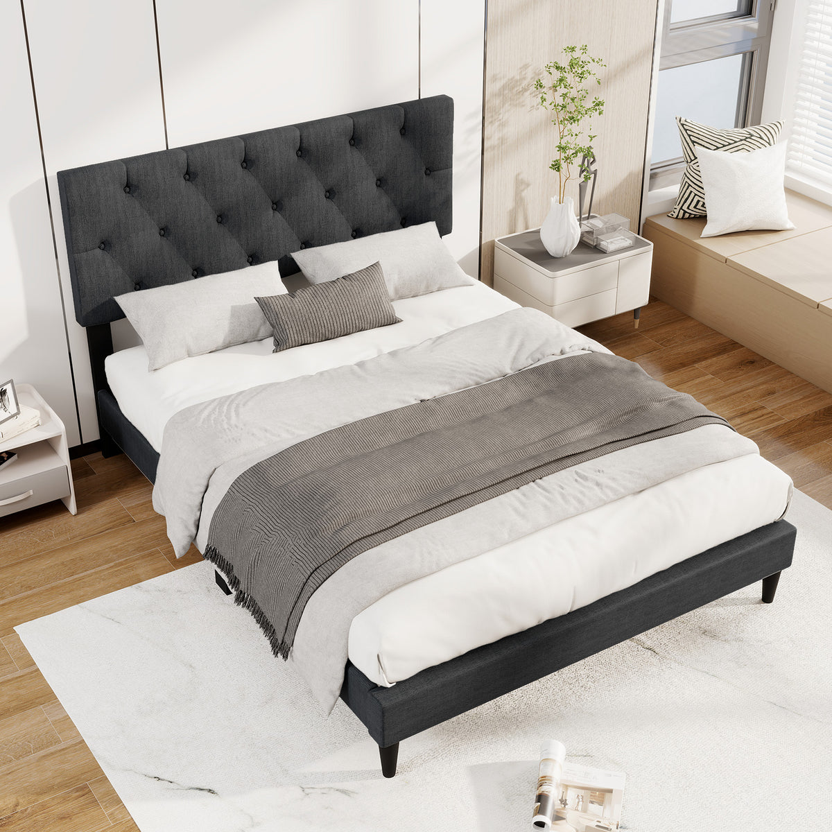 Upholstered Platform Bed, Tufted Headboard, Wooden Slats, Full Size, Gray Simple Bed Frame at Gallery Canada