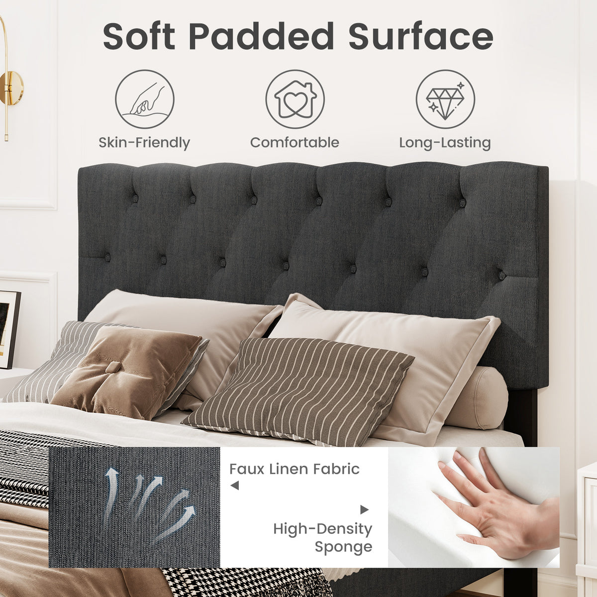Upholstered Platform Bed, Tufted Headboard, Wooden Slats, Full Size, Gray Simple Bed Frame at Gallery Canada