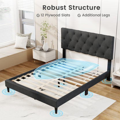 Upholstered Platform Bed, Tufted Headboard, Wooden Slats, Full Size, Gray Simple Bed Frame at Gallery Canada