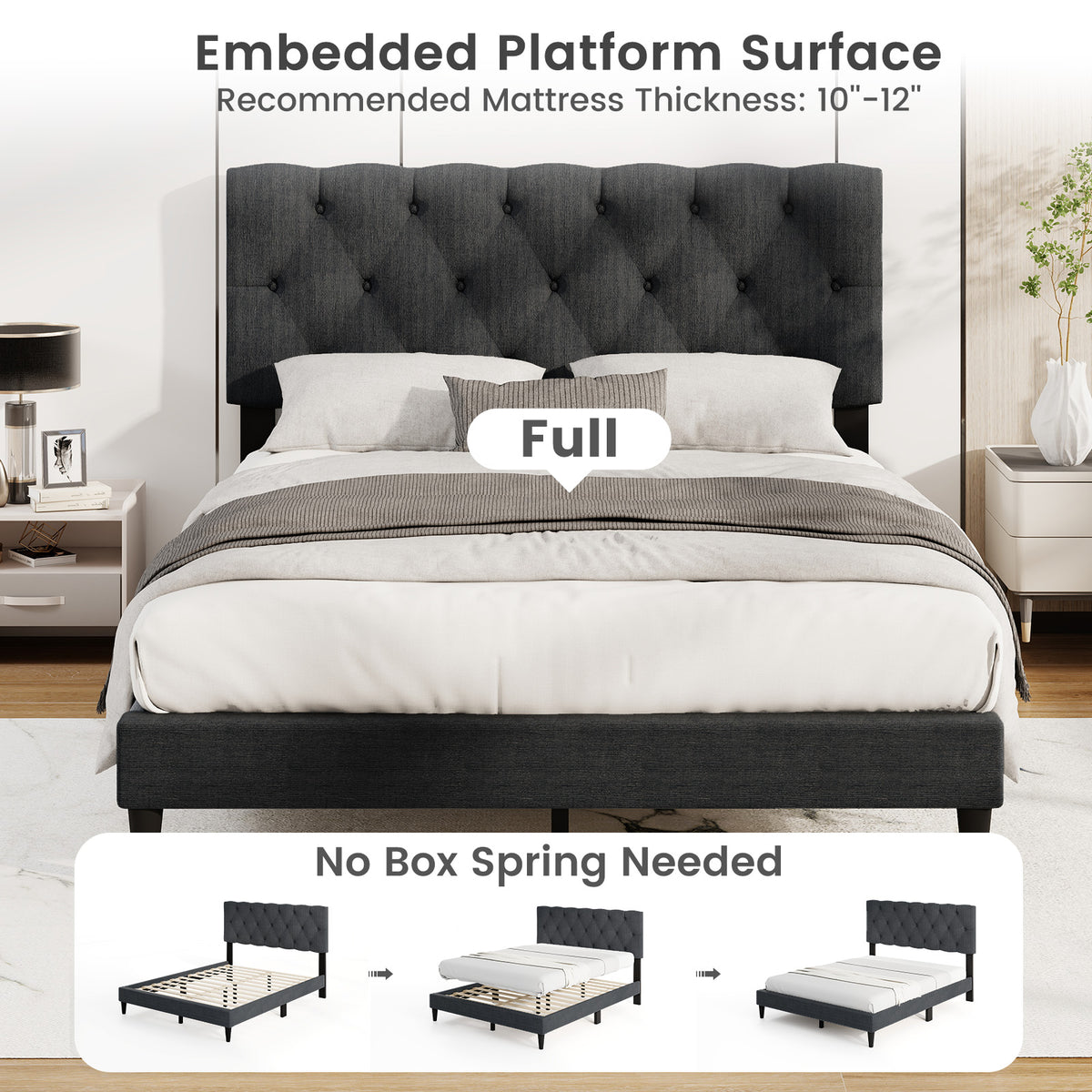 Upholstered Platform Bed, Tufted Headboard, Wooden Slats, Full Size, Gray Simple Bed Frame at Gallery Canada