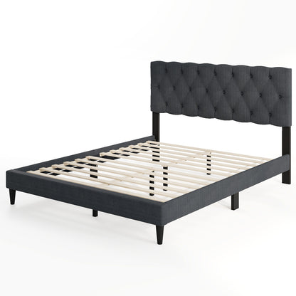 Upholstered Platform Bed, Tufted Headboard, Wooden Slats, Queen Size, Gray Simple Bed Frame Options at Gallery Canada
