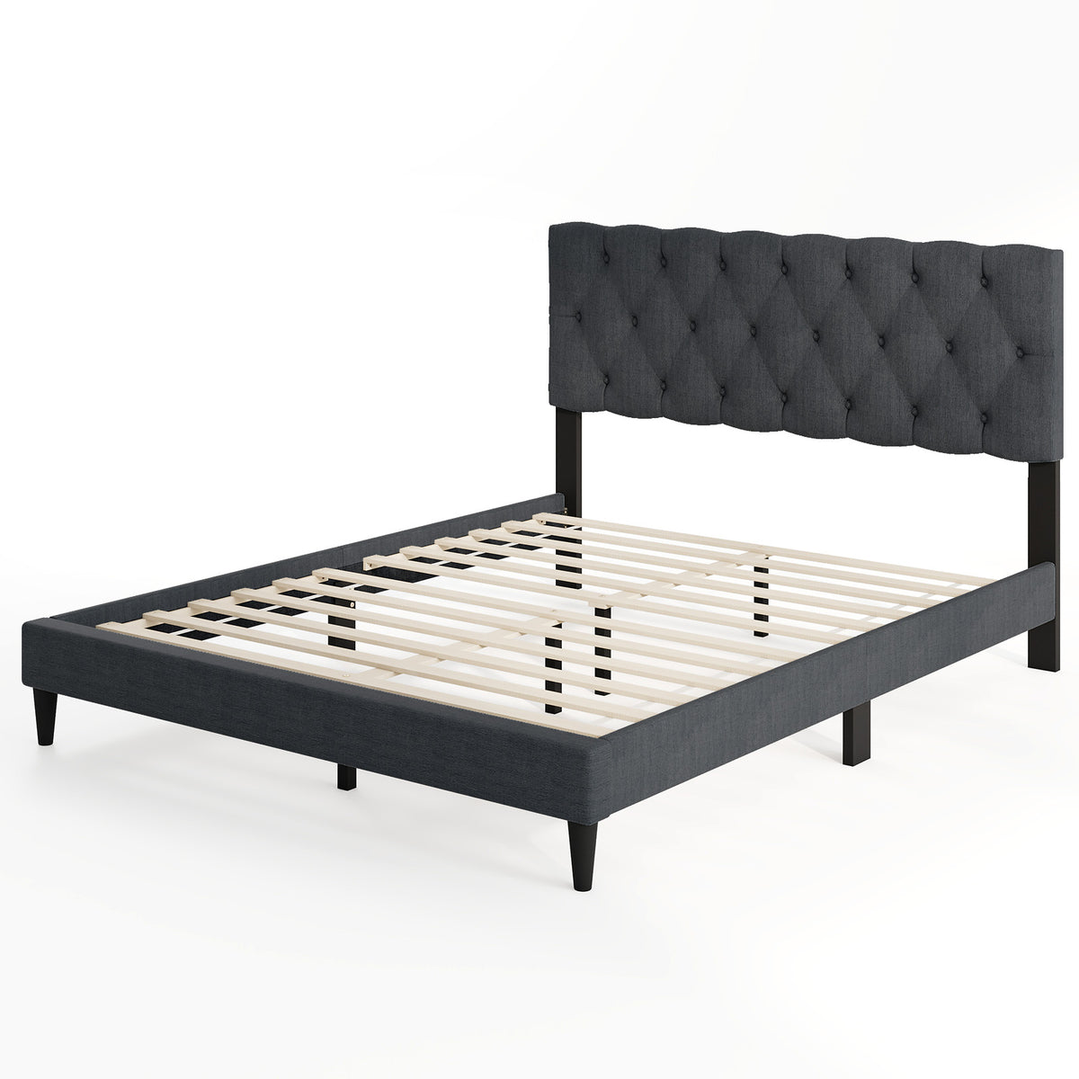 Upholstered Platform Bed, Tufted Headboard, Wooden Slats, Queen Size, Gray Simple Bed Frame at Gallery Canada