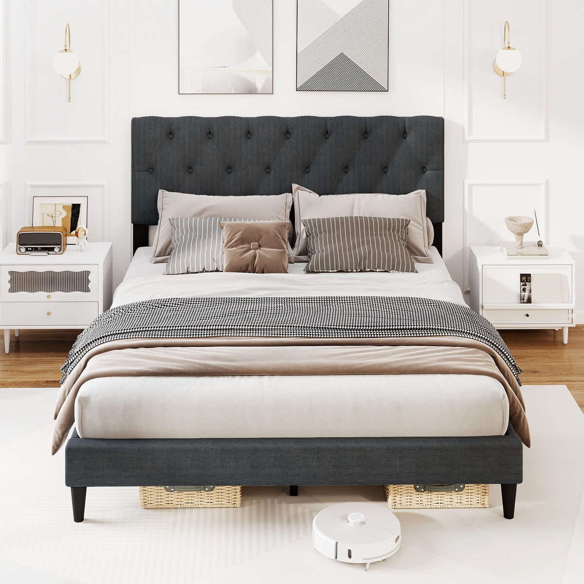 Upholstered Platform Bed, Tufted Headboard, Wooden Slats, Queen Size, Gray Simple Bed Frame at Gallery Canada