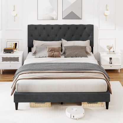 Upholstered Platform Bed, Tufted Headboard, Wooden Slats, Queen Size, Gray Simple Bed Frame at Gallery Canada