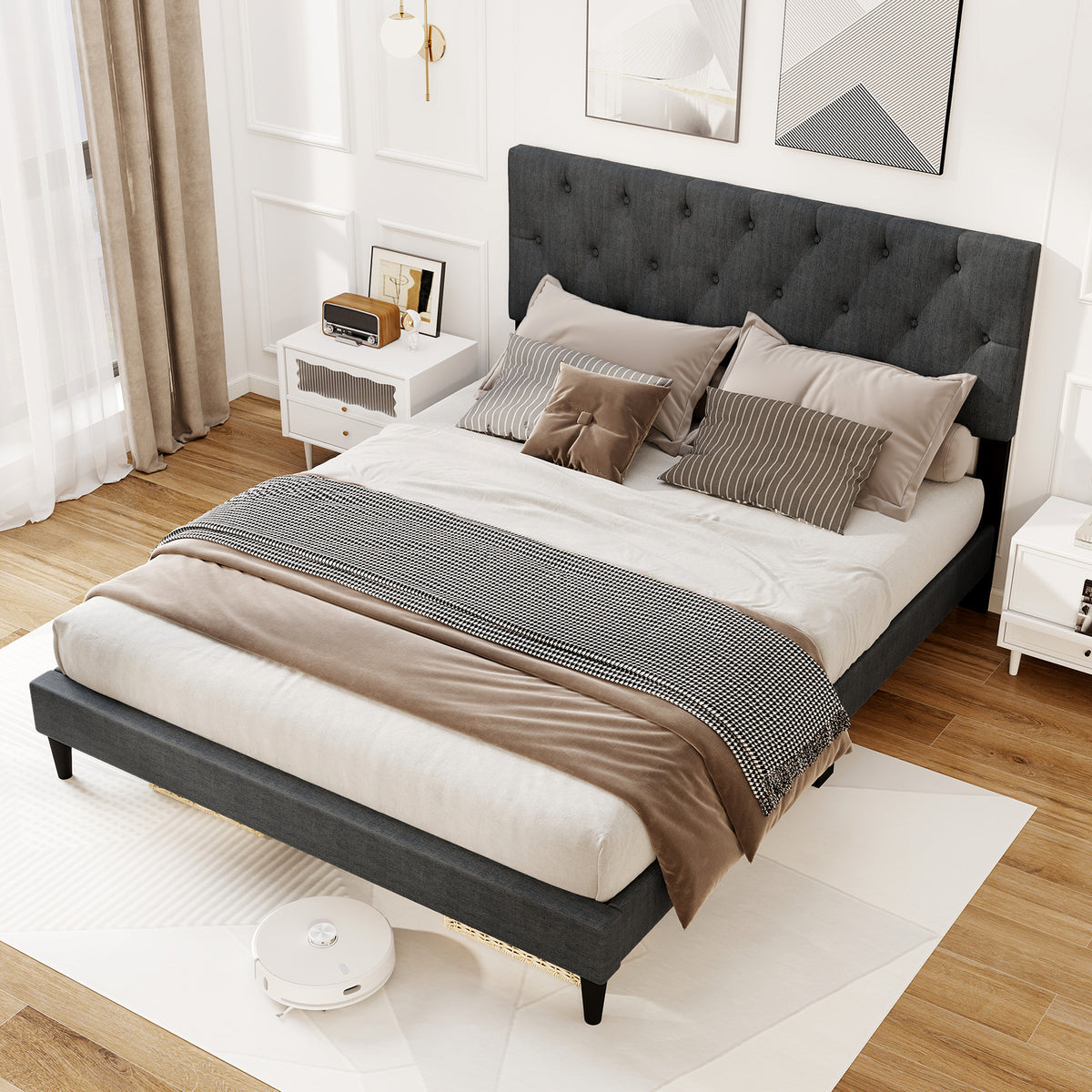 Upholstered Platform Bed, Tufted Headboard, Wooden Slats, Queen Size, Gray Simple Bed Frame at Gallery Canada