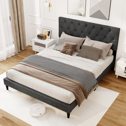 Upholstered Platform Bed, Tufted Headboard, Wooden Slats, Queen Size, Gray Simple Bed Frame at Gallery Canada