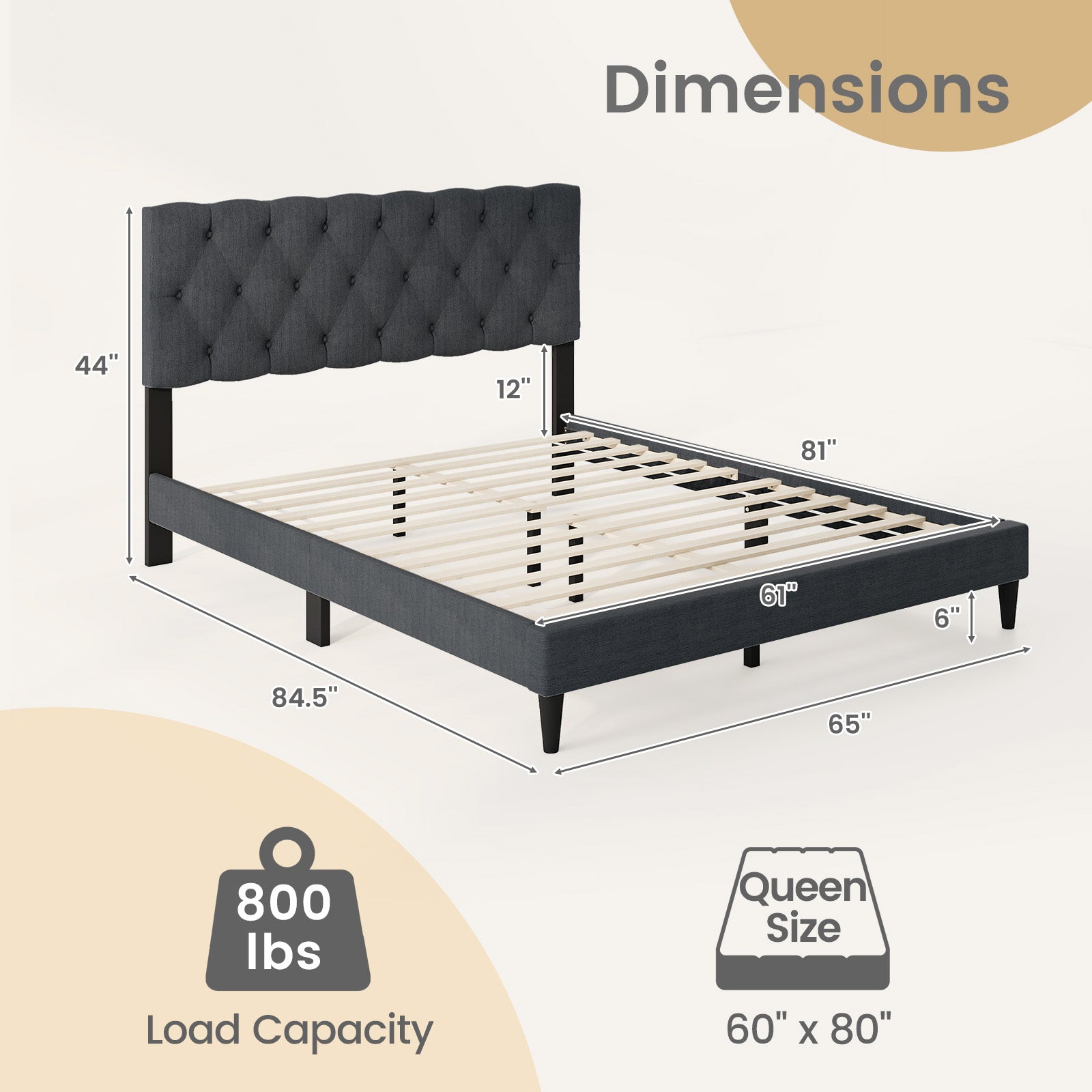 Upholstered Platform Bed, Tufted Headboard, Wooden Slats, Queen Size, Gray Simple Bed Frame at Gallery Canada