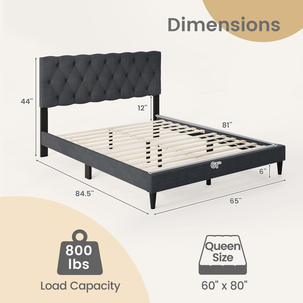 Upholstered Platform Bed, Tufted Headboard, Wooden Slats, Queen Size, Gray Simple Bed Frame at Gallery Canada