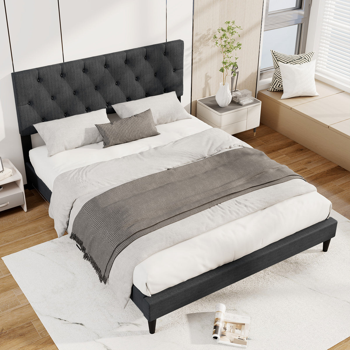 Upholstered Platform Bed, Tufted Headboard, Wooden Slats, Queen Size, Gray Simple Bed Frame at Gallery Canada