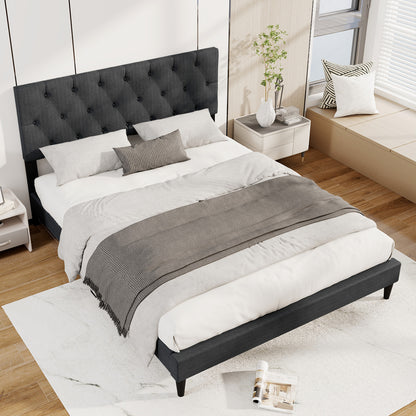 Upholstered Platform Bed, Tufted Headboard, Wooden Slats, Queen Size, Gray Simple Bed Frame at Gallery Canada