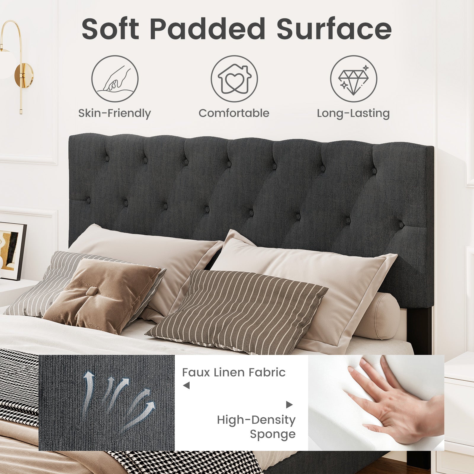Upholstered Platform Bed, Tufted Headboard, Wooden Slats, Queen Size, Gray Simple Bed Frame at Gallery Canada