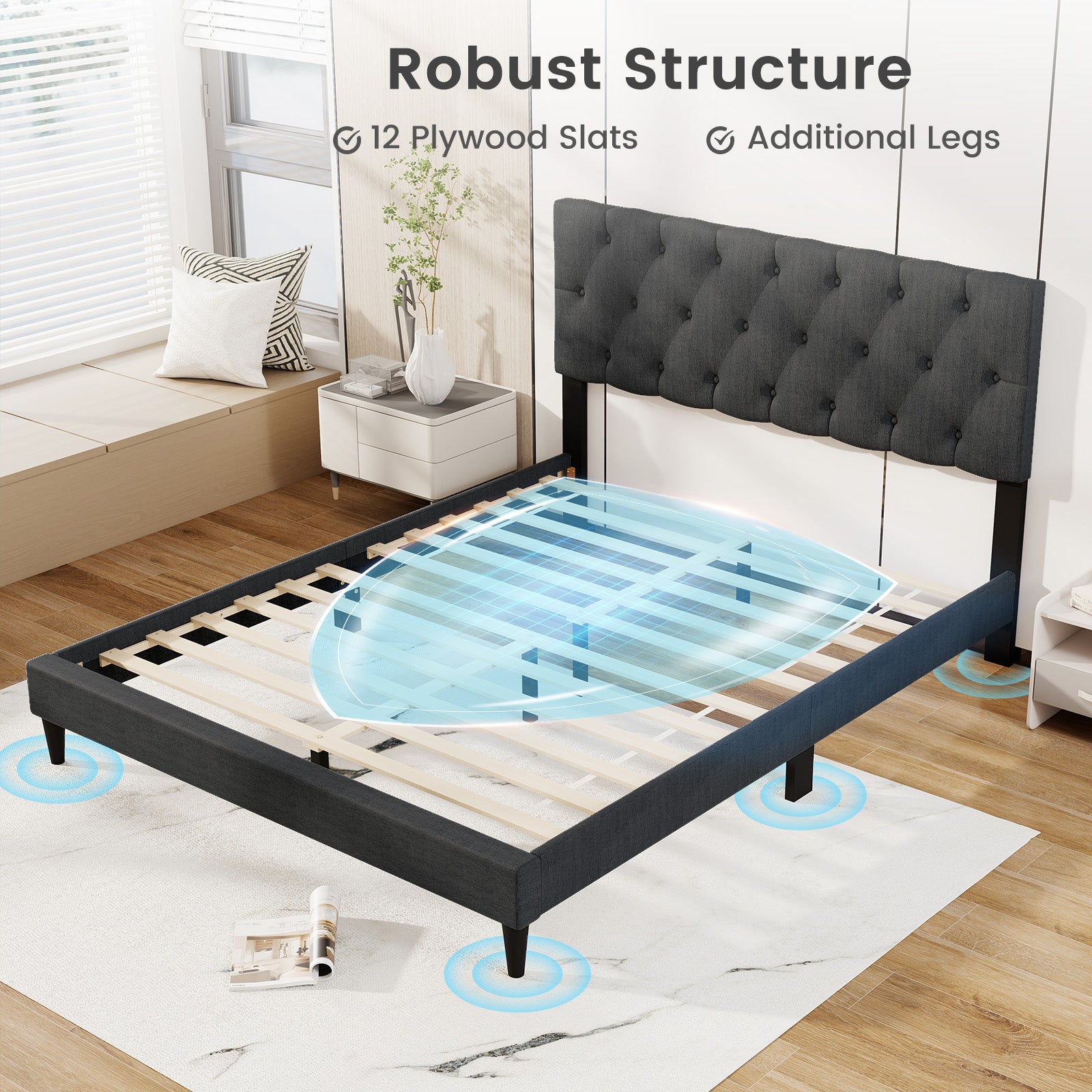 Upholstered Platform Bed, Tufted Headboard, Wooden Slats, Queen Size, Gray Simple Bed Frame at Gallery Canada