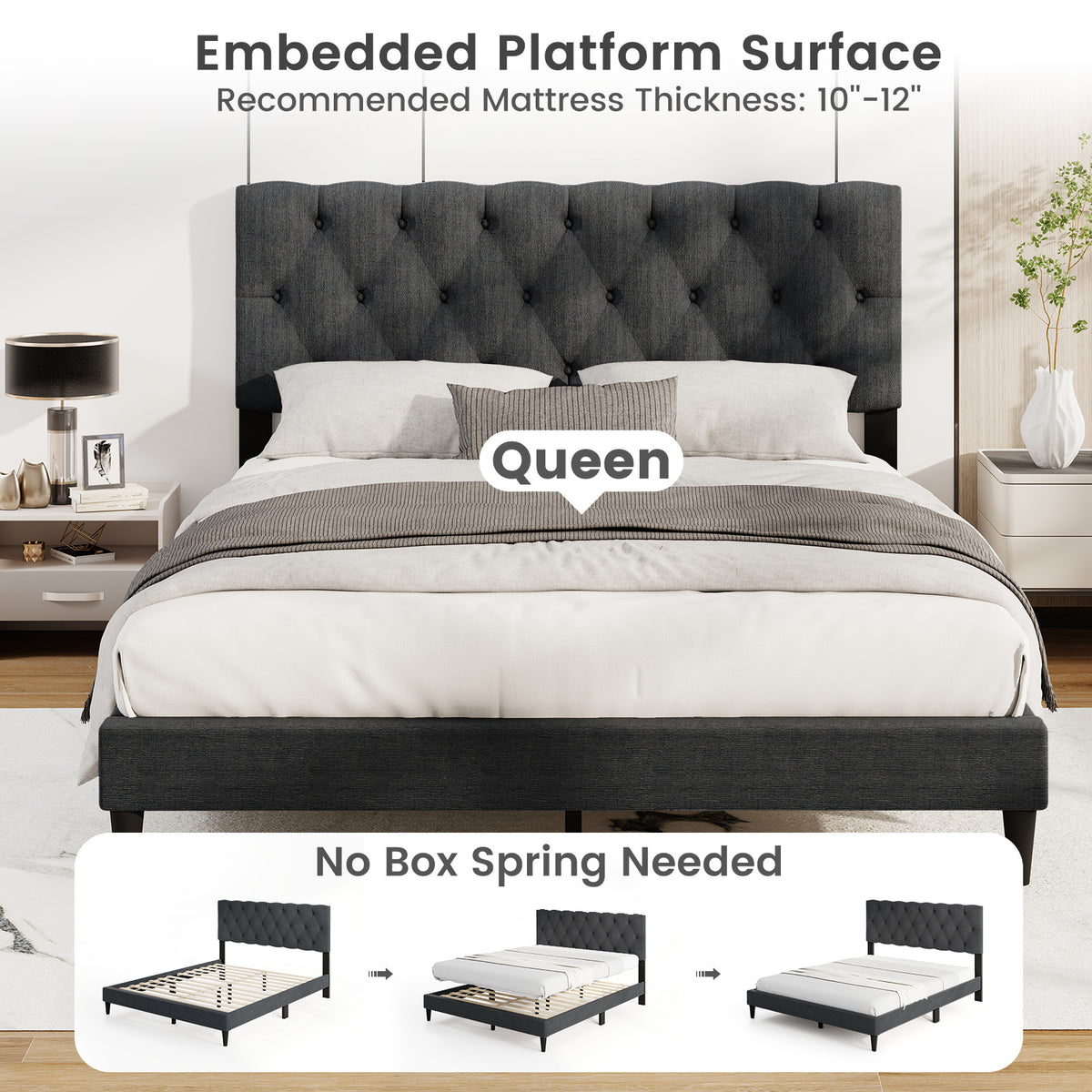 Upholstered Platform Bed, Tufted Headboard, Wooden Slats, Queen Size, Gray Simple Bed Frame at Gallery Canada