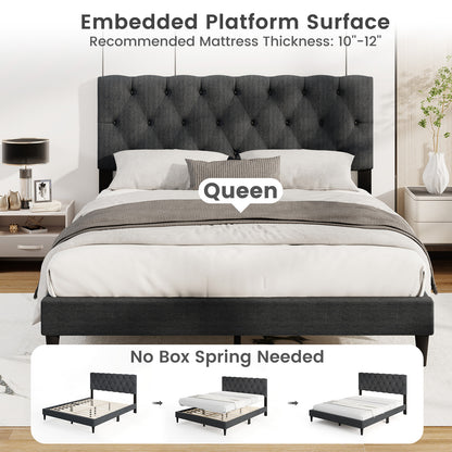 Upholstered Platform Bed, Tufted Headboard, Wooden Slats, Queen Size, Gray Simple Bed Frame at Gallery Canada