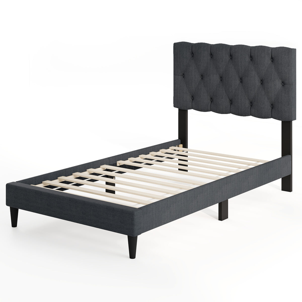 Upholstered Platform Bed, Tufted Headboard, Wooden Slats, Twin Size, Gray Simple Bed Frame at Gallery Canada
