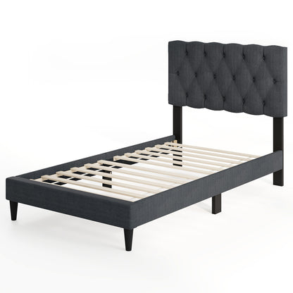 Upholstered Platform Bed, Tufted Headboard, Wooden Slats, Twin Size, Gray Simple Bed Frame at Gallery Canada