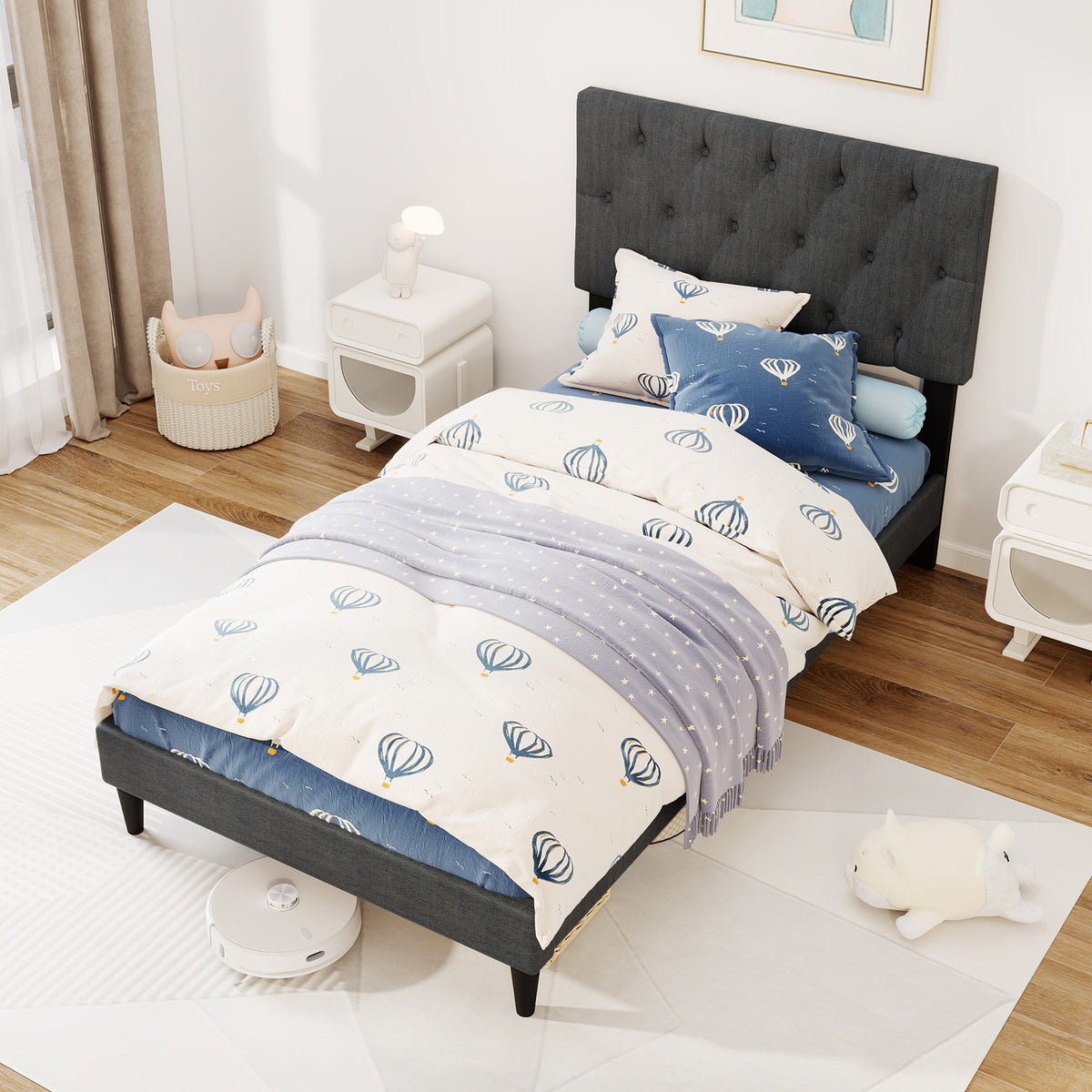 Upholstered Platform Bed, Tufted Headboard, Wooden Slats, Twin Size, Gray Simple Bed Frame at Gallery Canada