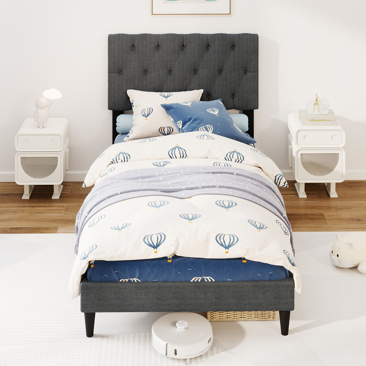 Upholstered Platform Bed, Tufted Headboard, Wooden Slats, Twin Size, Gray Simple Bed Frame at Gallery Canada