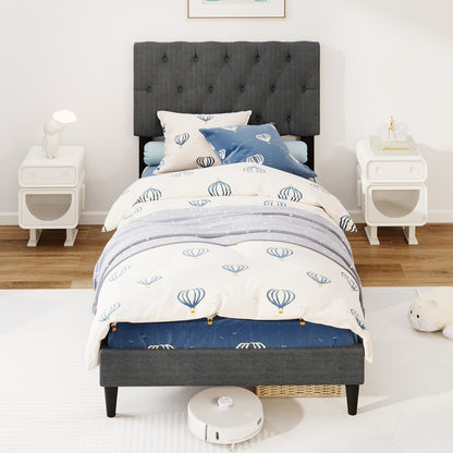 Upholstered Platform Bed, Tufted Headboard, Wooden Slats, Twin Size, Gray Simple Bed Frame at Gallery Canada