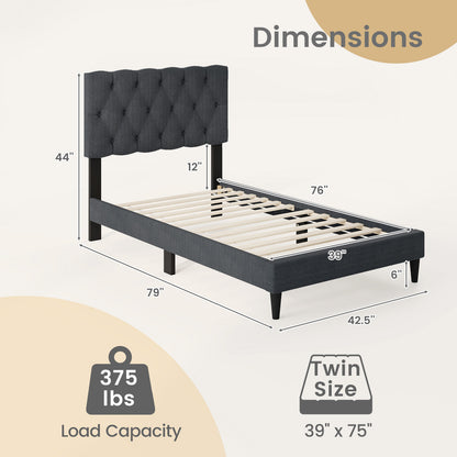 Upholstered Platform Bed, Tufted Headboard, Wooden Slats, Twin Size, Gray Simple Bed Frame at Gallery Canada
