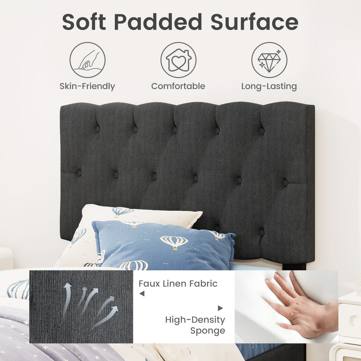 Upholstered Platform Bed, Tufted Headboard, Wooden Slats, Twin Size, Gray Simple Bed Frame at Gallery Canada
