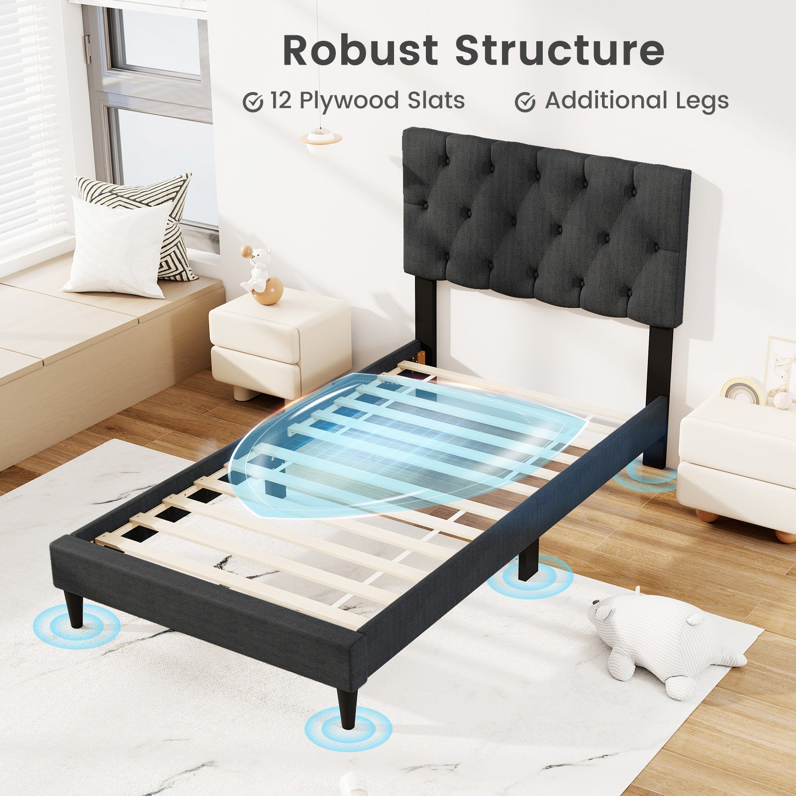 Upholstered Platform Bed, Tufted Headboard, Wooden Slats, Twin Size, Gray Simple Bed Frame at Gallery Canada