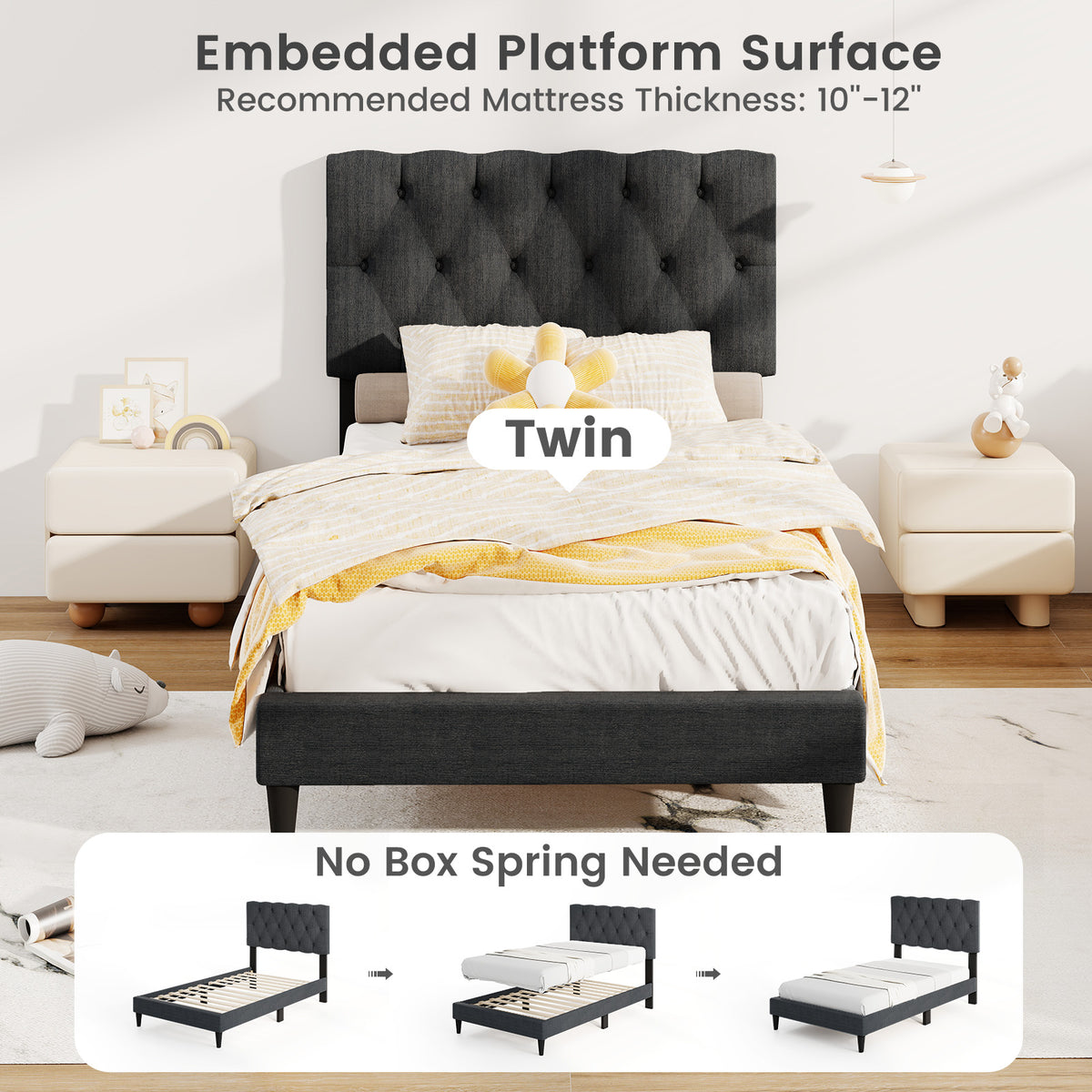 Upholstered Platform Bed, Tufted Headboard, Wooden Slats, Twin Size, Gray Simple Bed Frame at Gallery Canada