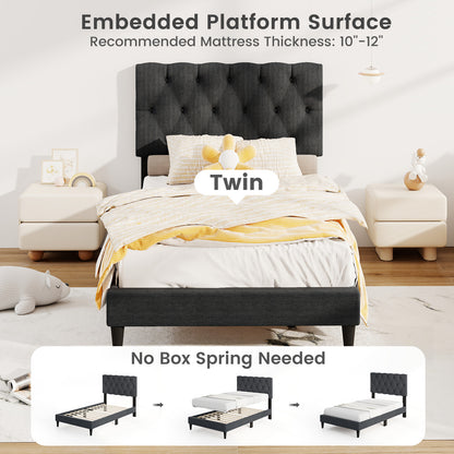 Upholstered Platform Bed, Tufted Headboard, Wooden Slats, Twin Size, Gray Simple Bed Frame at Gallery Canada