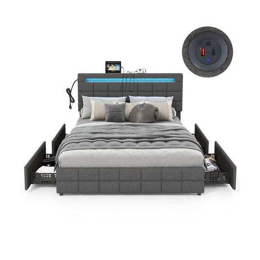 Queen Size Upholstered LED Bed Frame With Headboard And 4 Drawers, Gray Simple Bed Frame Gray at Gallery Canada