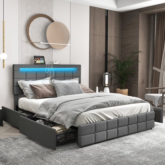 Queen Size Upholstered LED Bed Frame With Headboard And 4 Drawers, Gray Simple Bed Frame Gray at Gallery Canada