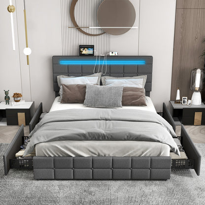 Queen Size Upholstered LED Bed Frame With Headboard And 4 Drawers, Gray Simple Bed Frame at Gallery Canada